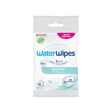 WaterWipes Sensitive+ On The Go Wipes,  3-In-1 Cleans, Cares, Protects, 99.9% Water, Unscented Wet Wipes, 10 Count