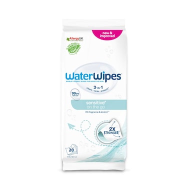 WaterWipes Sensitive+ On The Go Wipes, 3-In-1 Cleans, Cares, Protects, 99.9% Water, Unscented Wet Wipes, 28 Count