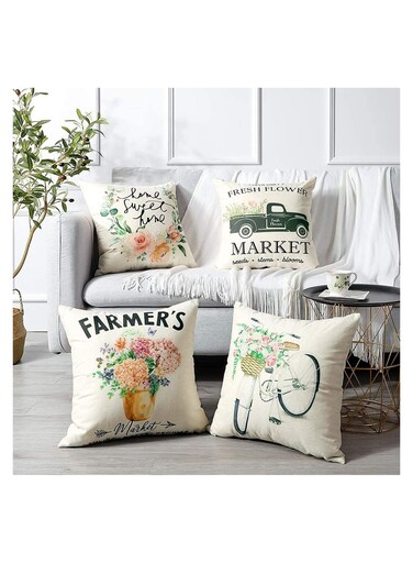 of 4 Waterproof Decorative Throw Pillow Covers for Outdoor and Indoor Use, Ideal for Patio, Garden, Living Room, and Sofa Decor (18x18 Inches) - Tulip Farm Cycling Flowers Design