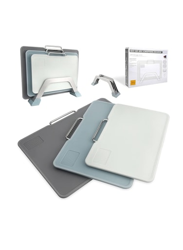 Cutting Boards For Kitchen Dishwasher Safe,Set Of 3 With Holder,Plastic Cutting Boards With Easy-Grip Handles.Garlic Grinding Area. BPA Free,Non-Porous Non-Slip Feet