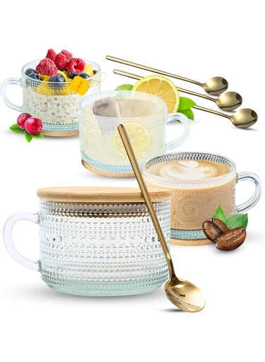 Vintage Glass Coffee Mugs (4Pcs, 14oz), Overnight Oats Containers with Lids and Spoons, Clear Embossed Glass Cups, Coffee Bar Accessories, Gifts for Women, White Elephant Gifts