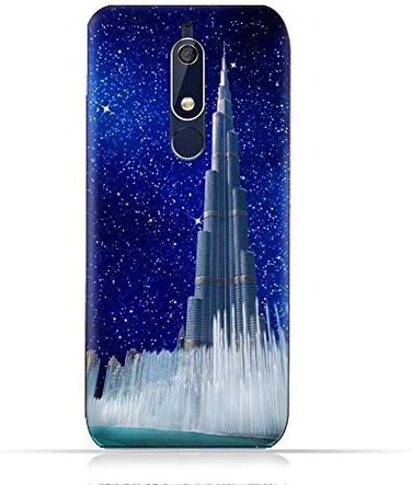 جراب حماية سيليكون TPU لهاتف نوكيا 5.1 بتصميم برج خليفة ونافورة مياه على خلفية ليلة مرصعة بالنجوم