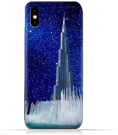 جراب حماية سيليكون TPU لهاتف آيفون XS Max بتصميم برج خليفة ونافورة مياه في ليلة مرصعة بالنجوم
