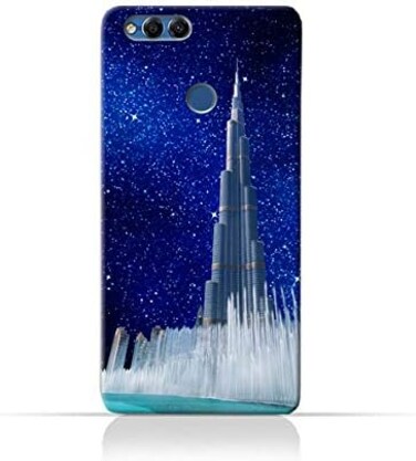 جراب حماية سيليكوني من نوع TPU لهاتف هواوي هونر 7X بتصميم برج خليفة ونافورة مياه في ليلة مرصعة بالنجوم