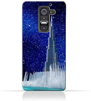 جراب حماية سيليكوني من نوع LG G2TPU بتصميم برج خليفة ونافورة مياه على خلفية ليلة مرصعة بالنجوم