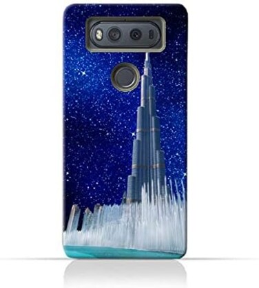 جراب حماية سيليكوني من مادة TPU لهاتف LG V20 بتصميم برج خليفة ونافورة مياه على خلفية ليلة مرصعة بالنجوم