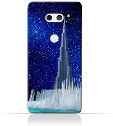 جراب حماية سيليكوني من مادة TPU لهاتف LG V30 بتصميم برج خليفة ونافورة مياه في ليلة مرصعة بالنجوم