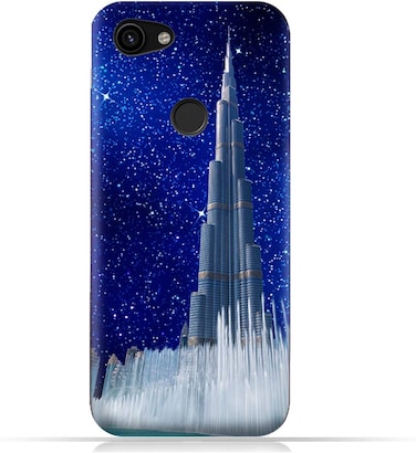 جراب هاتف جوجل بيكسل 3a XL من مادة TPU بتصميم برج خليفة في ليلة مرصعة بالنجوم