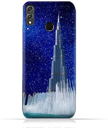 جراب حماية سيليكون TPU لهاتف هواوي هونر 8X بتصميم برج خليفة ونافورة مياه في ليلة مرصعة بالنجوم