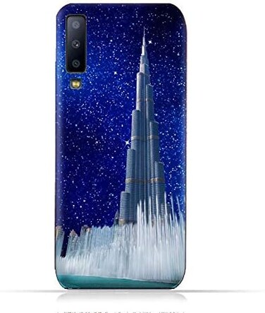 جراب حماية سيليكون TPU لهاتف سامسونج جالاكسي A7 2018 بتصميم برج خليفة ونافورة مياه في ليلة مرصعة بالنجوم