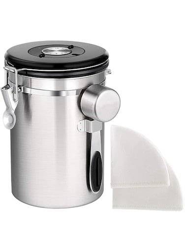 Coffee Canisters,Stainless Steel Container for Beans Grounds Sugar Flour Fresher Storage with Date Tracker, with Measuring Scoop and 50PCS Cone Coffee Filters Paper for Kitchen Use
