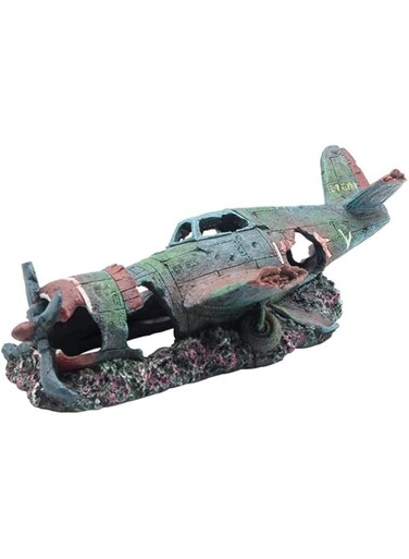 TOMVAES Fish Tank Decoration, Vintage Fighter Airplane Ruins Landscape Fish Shrimp Shelter Cave Resin Aquarium Ornament, No Harm To Fishes, Multiple Holes &amp; Non-Toxic for Fish Aquarium Home Decorating