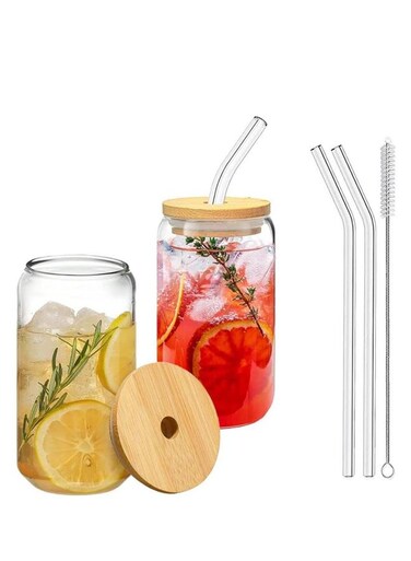 2-Piece Tin Shaped Glass Cups with Bamboo and Straw Lids Iced Coffee Mugs Cute Cup Water Party Drinking Gadgets for Any Beverage Gift Occasion Clear 500 ml