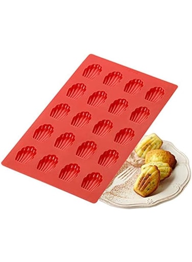 FLYGIRL Silicone Madeleine Pan 20 Cavity Shell Shaped Baking Mold Non-Stick Rectangular Cake Tray for Chocolate Cookie Dessert Candy Soap Ice Cube, Red, 30x20 CM