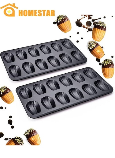 2 PCS Madeleine Mold Cake Pan, 12-Cavity Shell Shape Madeline Bakeware, Nonstick Madeleine Mold Cake Pan for Oven Baking, Black