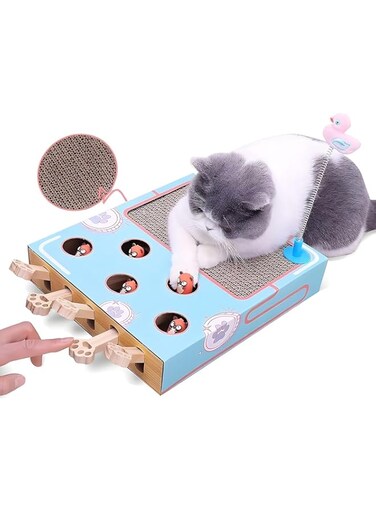 Aputue Cat Games for Indoor Cats, 3 in 1 Corrugated Cardboard Cat Scratcher, Cat Toy Box Interactive, 5 Holes Wooden Solid Whack a Mole Game Funny Kittens Toy, Cat Enrichment Toys for Indoor Cats