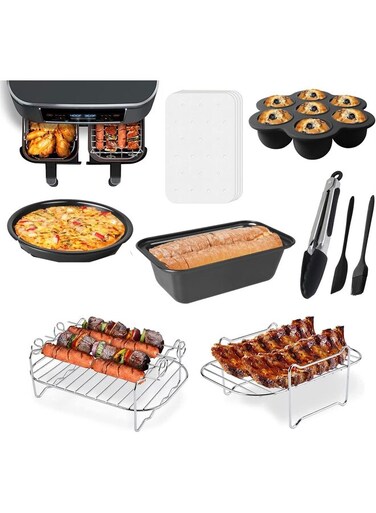 Basket Air Fryer Accessories, Set of 9 Fit for Dual Air Fryer DZ201, DZ401 &amp; Most 8 Quart - 10 Quart and Larger Dual Zone Air Fryer, Include Cake Pizza Pan, Rack &amp; Skewer
