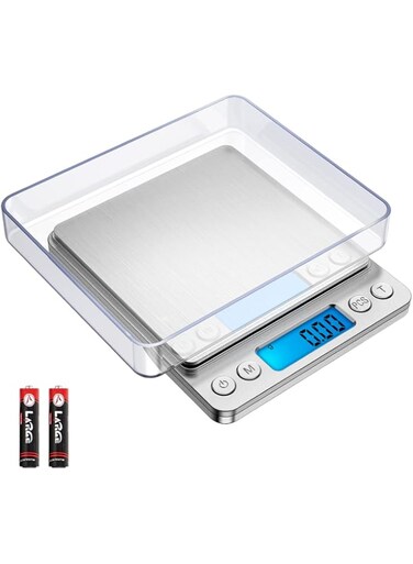 OQIMAX Digital Kitchen Scales, 500g/ 0.01g High-Precision Pocket Scales, Back-Lit LCD Display Stainless Steel Jewelry Food Scale with 2 Trays, Auto Off Tare &amp; PCS Features, Batteries Included, Silver