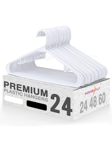 HOUSE DAY White Plastic Hangers 24 Pack, Space Saving Coat Hangers, Clothes Hanger with Non Slip Hooks, Plastic Clothing Hangers for Closet, Ideal for Everyday Use on Shirts, Coats, Pants, Dress