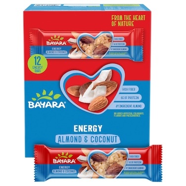Bayara Almond and Coconut Energy Bar, 40g Pack of 12