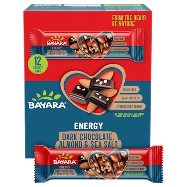 Bayara Dark Chocolate and Almond with Sea Salt Energy Bar, 40g Pack of 12