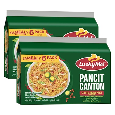 Lucky Me! Chilimansi Flavour Pancit Canton Fried Noodles 6 Noodles, 60g Pack of 2