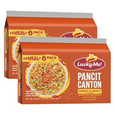 Lucky Me! Sweet and Spicy Pancit Canton Chowmein Noodles 6 Noodles, 60g Pack of 2