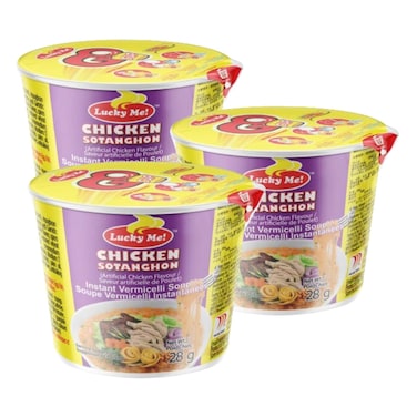 Lucky Me! Go Cup Chicken Sotanghon Flavour Instant Vermicelli Noodle Soup, 28g Pack of 3