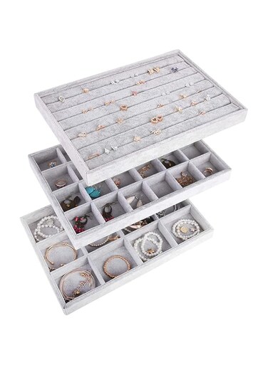 Padom Stackable Velvet Jewelry Trays Organizer, Jewelry Storage Display Trays for Drawer, Earring Necklace Bracelet Ring Organizer (Set of 3)
