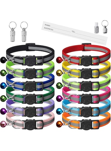 12 Pack Cat Collars with Bell, Adjustable Nylon Cat Collar Cat Collars Anti-Lost Tags
