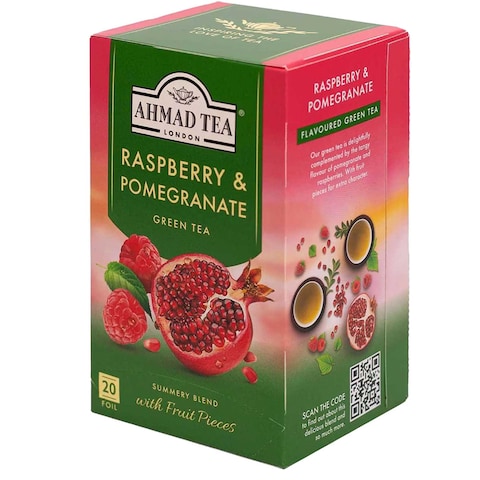 Ahmad Tea Raspberry and Pomegranate Flavoured Green Tea with Fruit Pieces Tea Bags 20 Tea Bags