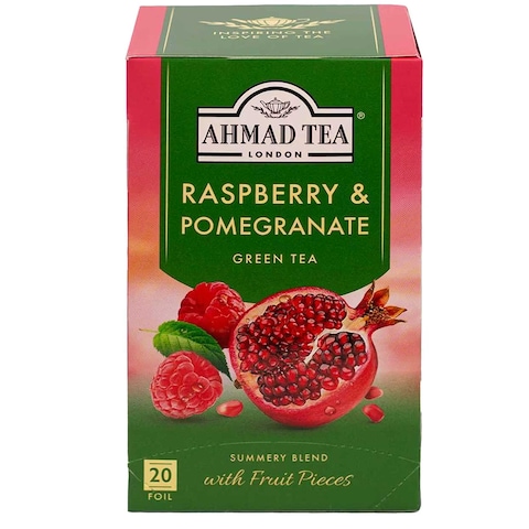 Ahmad Tea Raspberry and Pomegranate Flavoured Green Tea with Fruit Pieces Tea Bags 20 Tea Bags