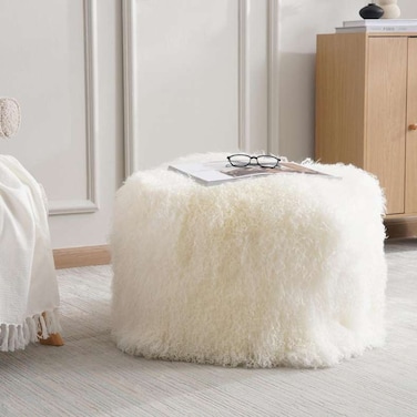 Pan Home Orra Mongolian Fur Pouf 45x45x40cm - Ivory