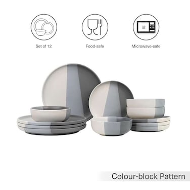 طقم عشاء بان هوم ثلاثي الألوان من الفخار الحجري، مكون من 12 قطعة - كريمي ورمادي
