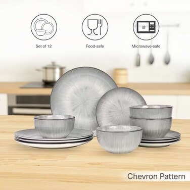 Pan Home Langton 12-Piece Porcelain Dinner Set - White &amp; Grey