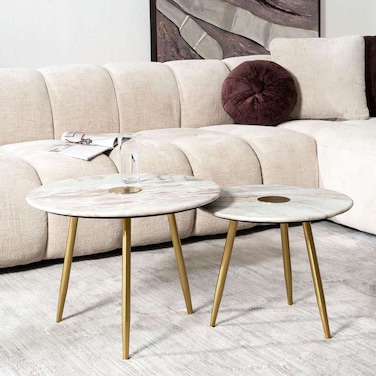 طقم طاولة جانبية ريفا من بان هوم، مكون من قطعتين، رخام - ذهبي طبيعي