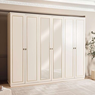 خزانة ملابس بان هوم عالية بستة أبواب مع مرآة - بيج مطفي