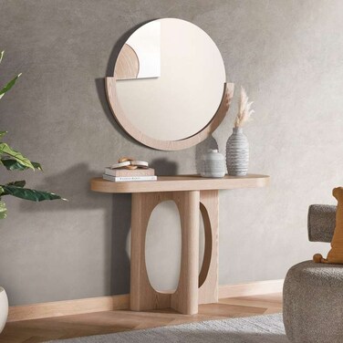 طاولة كونسول زيغي من بان هوم مع قشرة مرآة - أبيض وجوز
