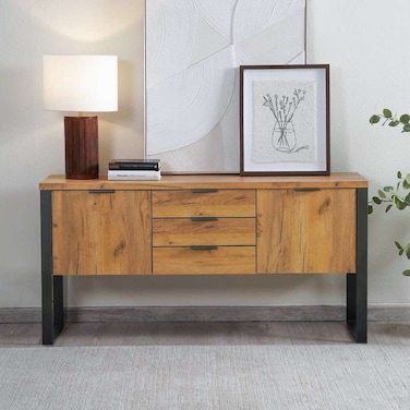 خزانة جانبية ميرين من بان هوم مع بابين و3 أدراج - بني فاتح وأسود