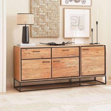 خزانة جانبية شارلوت من بان هوم بثلاثة أبواب ودرجين من الخشب الصلب - أسود طبيعي