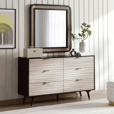 خزانة ملابس بولونيا من بان هوم بستة أدراج ومرآة من الخشب الصلب - لون طبيعي وأسود