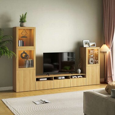 وحدة بان هوم بيستاه الترفيهية، وحدة تخزين طويلة مع أبواب زجاجية وإضاءة ليد - لون طبيعي