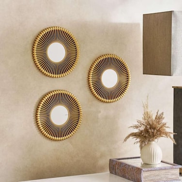 مرايا ديكورية من بان هوم أوسمين، 3 قطع، قطر 25 سم، ذهبي