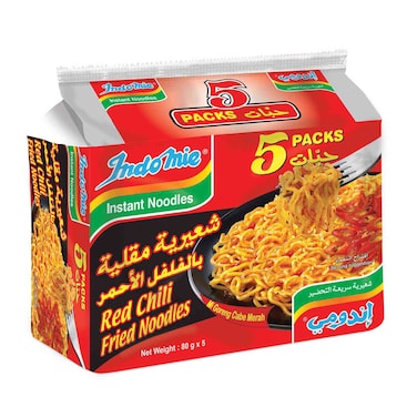 Indomie Red Chili Fried Noodles with Seasoning Powder and Sauce, 80g Pack of 5