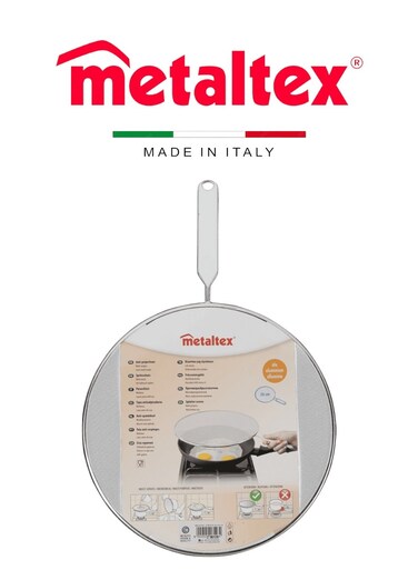 Splatter Screen &acirc;&euro;&ldquo; 26cm Aluminium, Finely Perforated, with Wire Handle and Plastic Insert