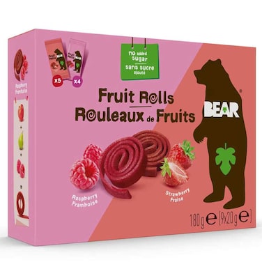 Bear Fruit Rolls Value Pack, Strawberry and Raspberry, 20g Pack of 9