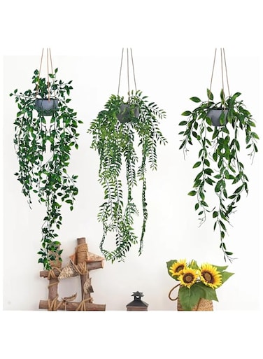 SMYLLO Artificial Hanging Plants 3 Pack, Fake Hanging Potted Plants with Rope for Wall, Home, Office, Indoor or Outdoor Decor