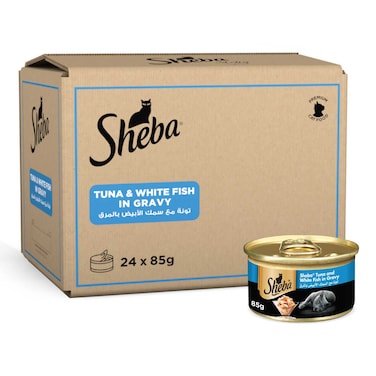 شيبا اكل قطط رطب معلب بالتونة مع السمك الابيض بالمرق، عبوة 24 ×85  غ
