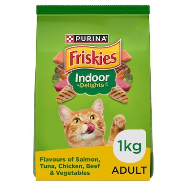 Purina Friskies Indoor Delights Flavours of Salmon, Tuna, Chicken, Beef and Vegetables Adult Dry Cat Food, 1kg