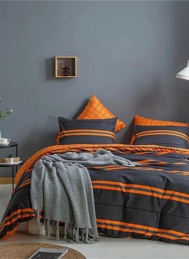 Home Queen Size 6-Piece Duvet Cover Set without filling in dark grey and orange striped pattern.